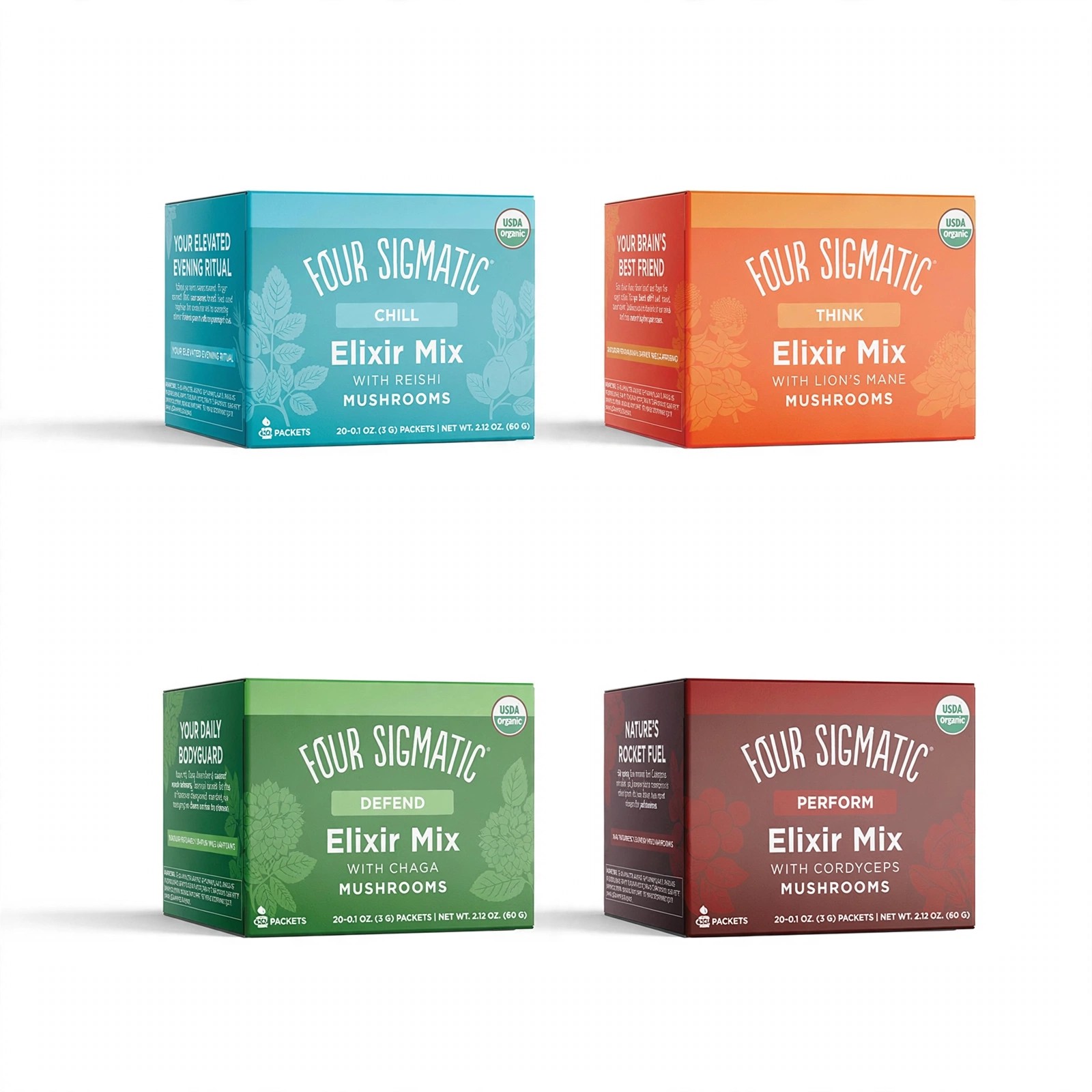 Four boxes of Four Sigmatic Elixir Mix arranged on white.