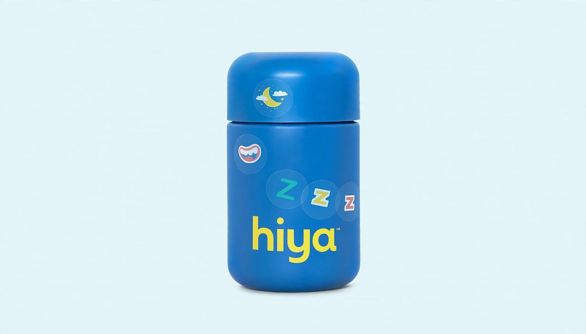 A blue Hiya bottle decorated with small stickers.