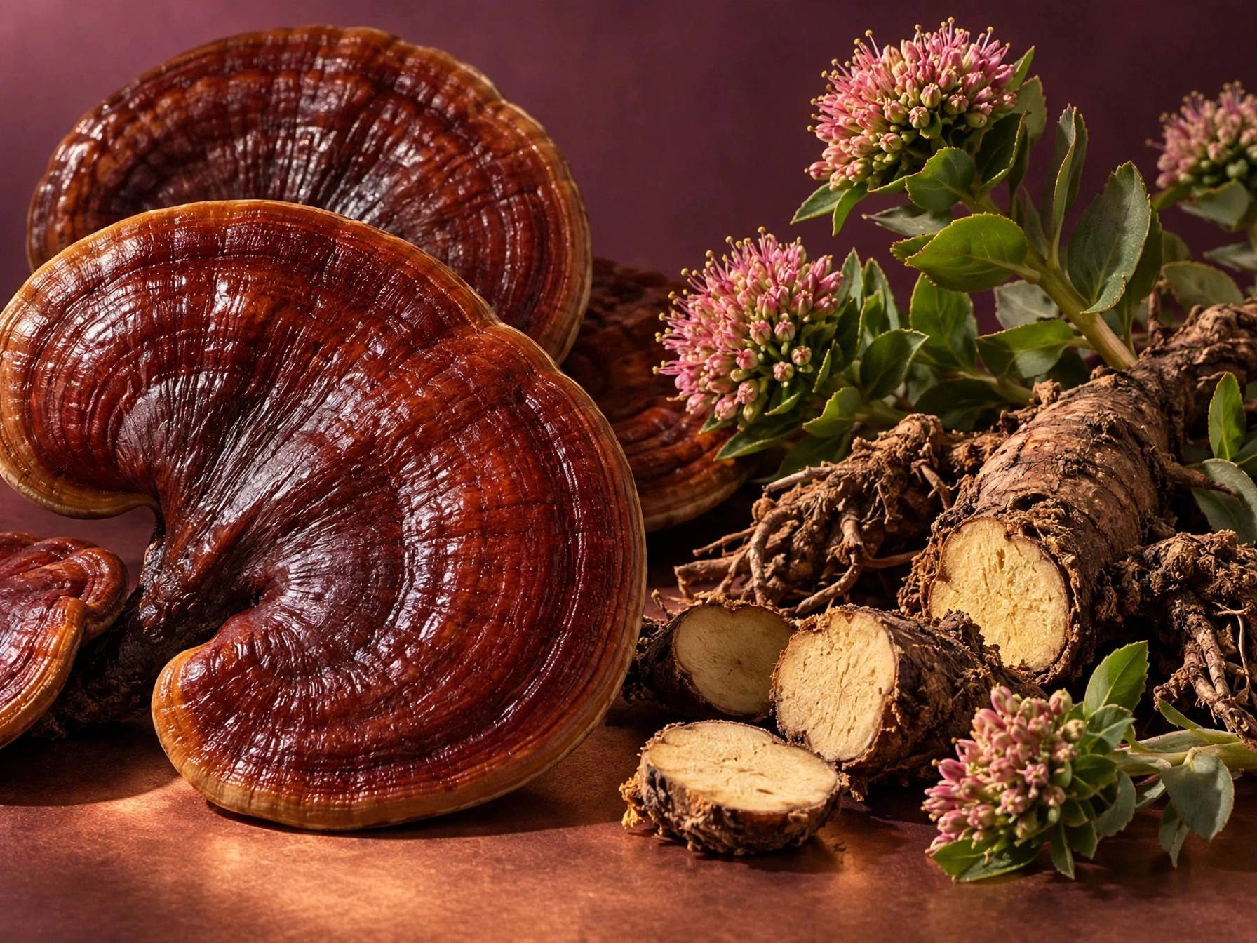 Reishi mushrooms and rhodiola roots with pink blossoms arranged closely.