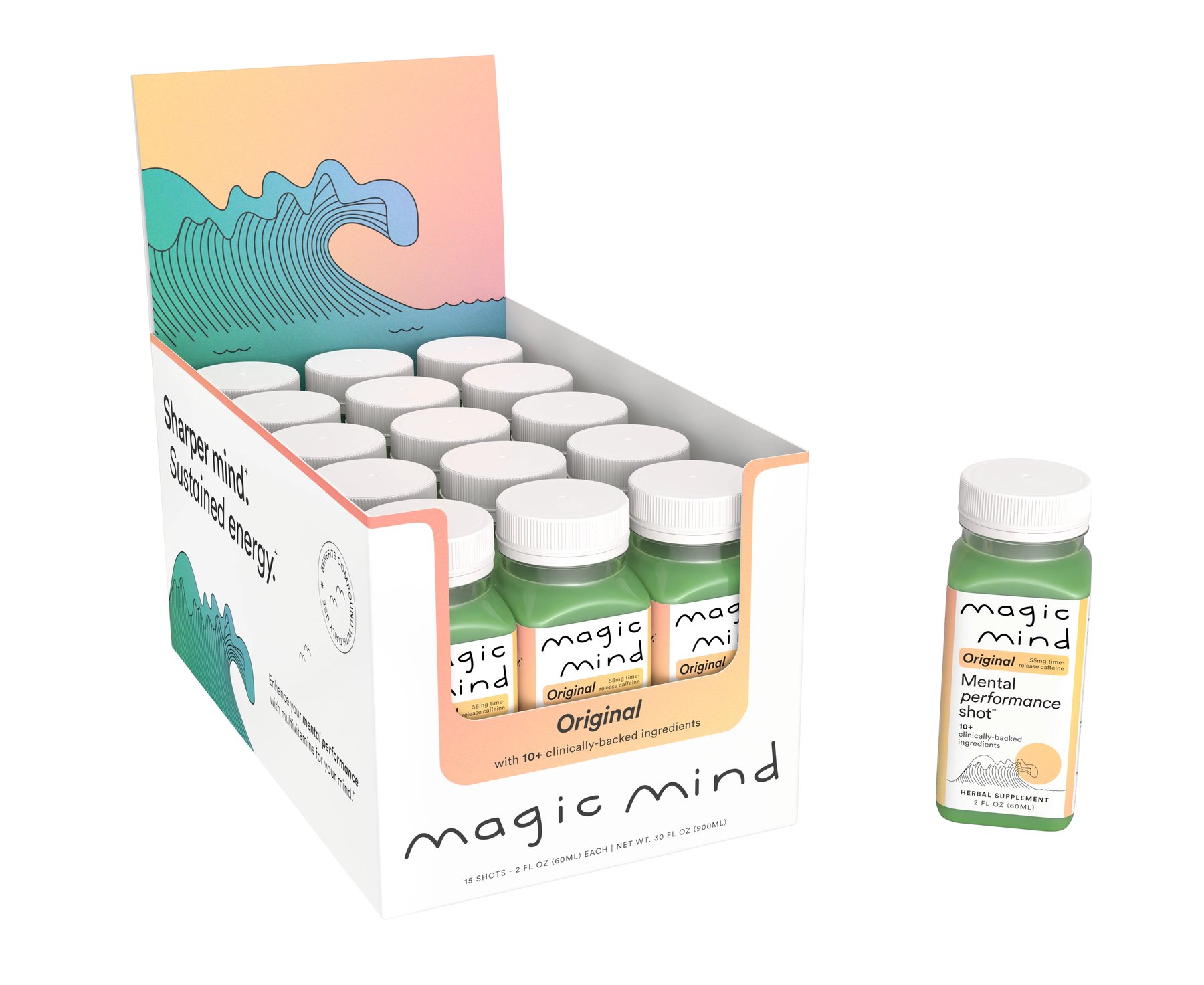 A box of Magic Mind Original shots with a single bottle.