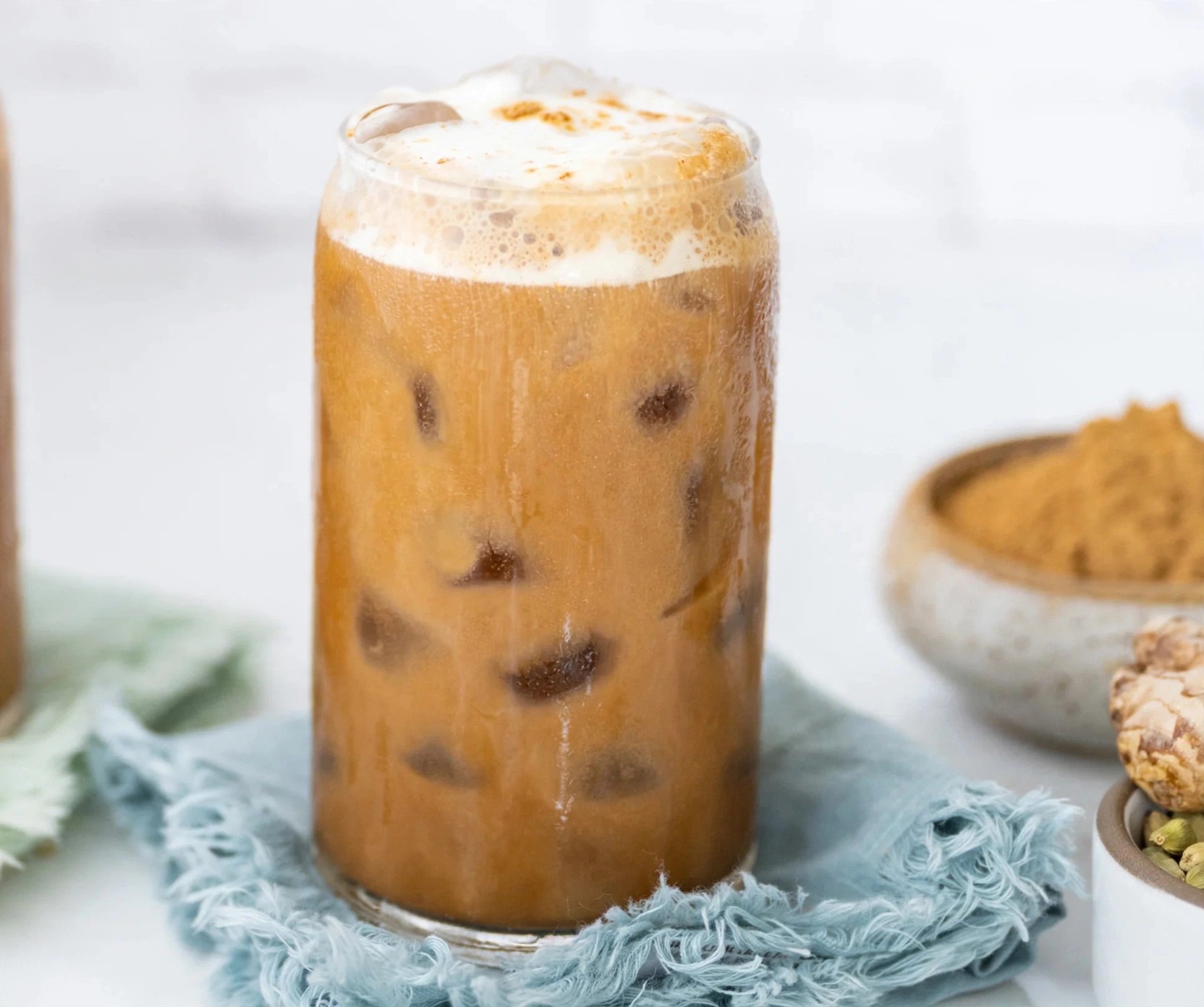 Iced latte, chai beside
