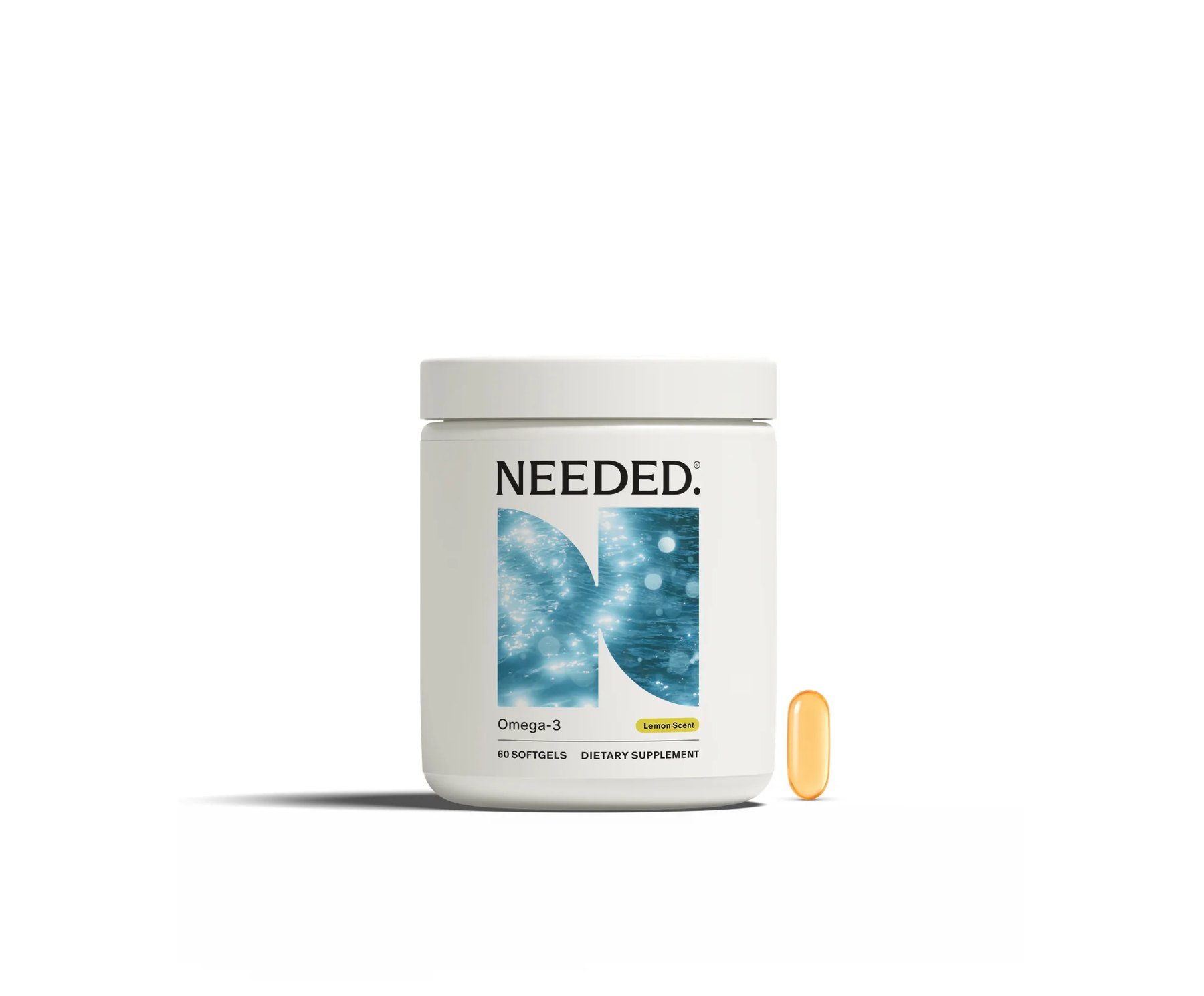 Needed Omega 3 jar shown with single softgel.