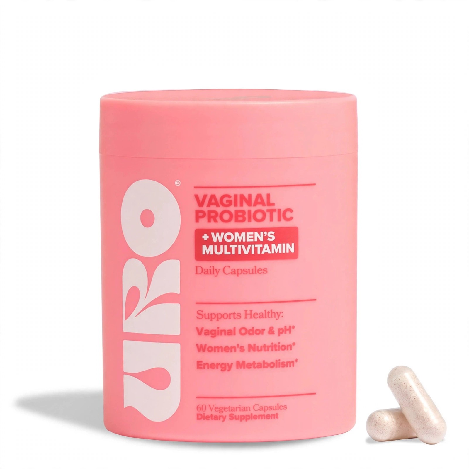 Pink URO bottle with two white capsules on white background.